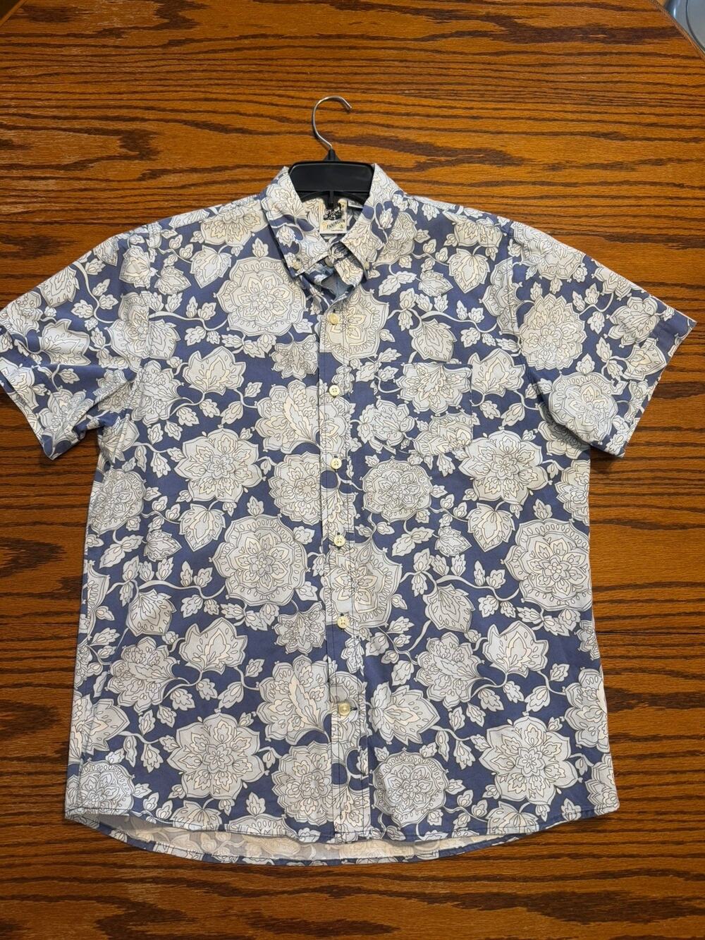 Kennington Ltd California Camp Blue Print Short Sleeve Cotton Mens L Hawaiian